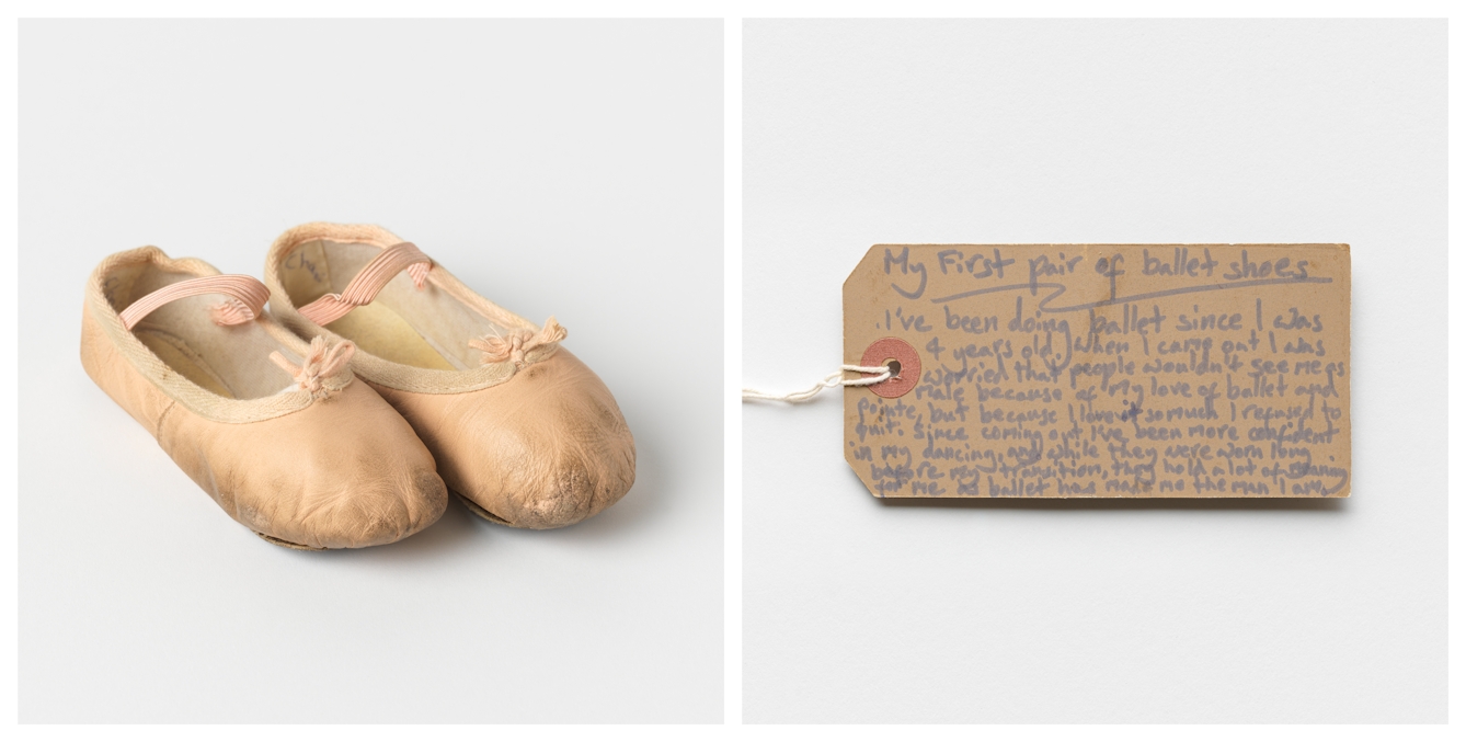 Photographic diptych showing a handwritten brown card label on the right and a pair of ballet shoes on the left.