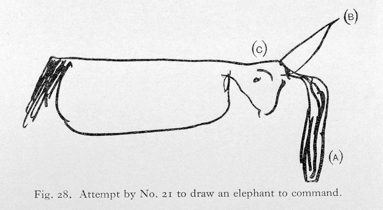 A crude pen and ink sketch of an elephant without legs and what looks lke a horn sticking out of hte top of the head. The trunk is also shown as emerging from the top of the head. The text under the drawing says "Fig. 28. Attempt by No. 21 to draw an elephant to command."