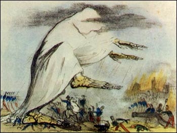 A painting of a battlefield: soldiers with guns mount a futile counter-attack against a giant shrouded skeleton marching towards them.
