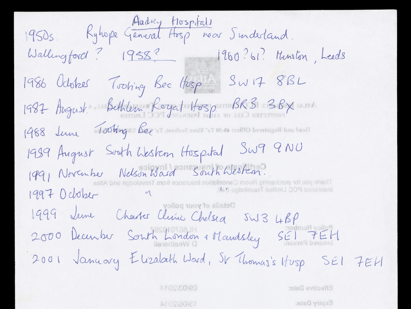 Photograph of the back of an official letter showing a handwritten list of hospitals and dates, along the lines of, "Audrey Hospitals. 1950s Ryhope General Hospital near Sunderland. 1986 October Tooting Bec Hospital SW17 8BL".