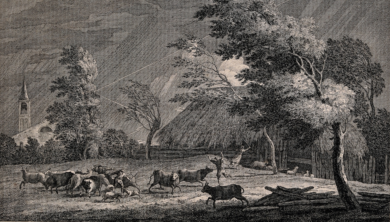 This engraving’s composition is slashed by the lightning’s diagonal forks, echoed in the bending trees and lunging figures.
