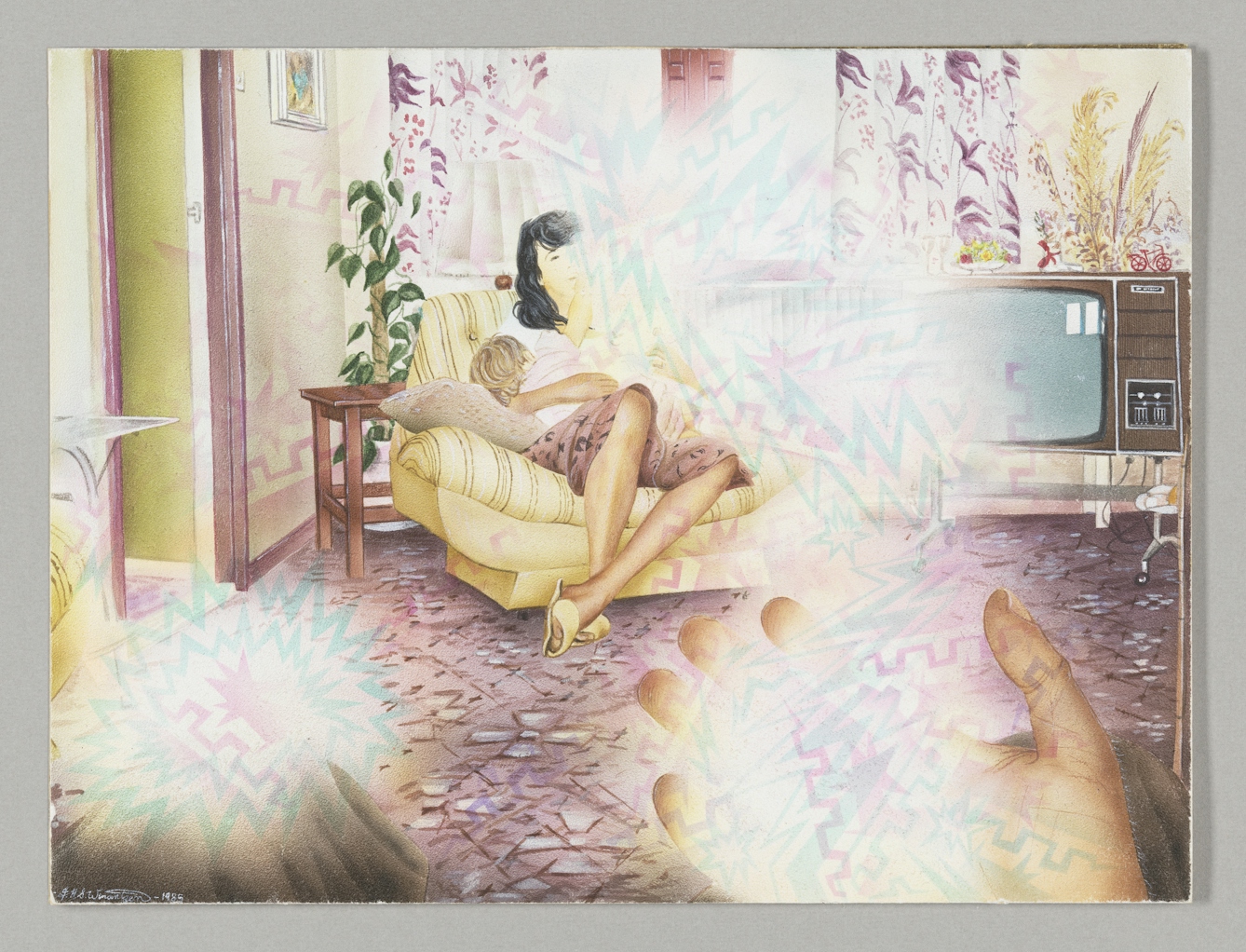 A typical 1980s living room seen from the point of view of a person having a migraine aura. There is a tv on the right, a young mother with a toddler in her arms sits relaxed in an armchair, a small side table and potted plant behind her. Across the patterned carpet you can see the hands of the person having the aura as they look on. The scene is obscured by hazey white 'clouds' containing faint zigzags and patterns which partially cover the mother and tv and teh onlooker's hands.
