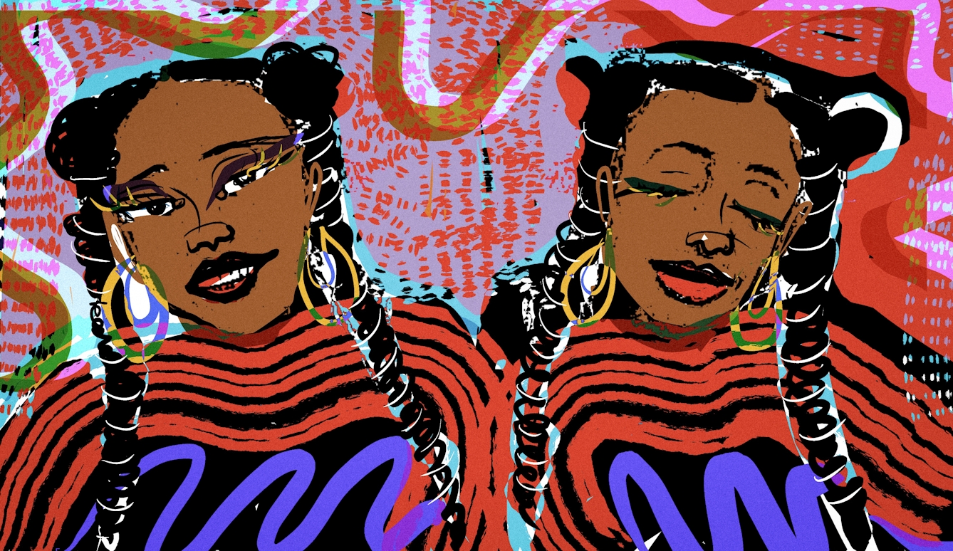 Colourful artwork showing two images of the same woman side by side. The image on the left shows the woman smiling with her eyes open. The image on the right shows her with her eyes closed, asleep.  The woman has her dark hair in two braids and she is wearing colourful long earrings. The background to made up of bright textured lines in purple, red and green with some red spots overlaid. 