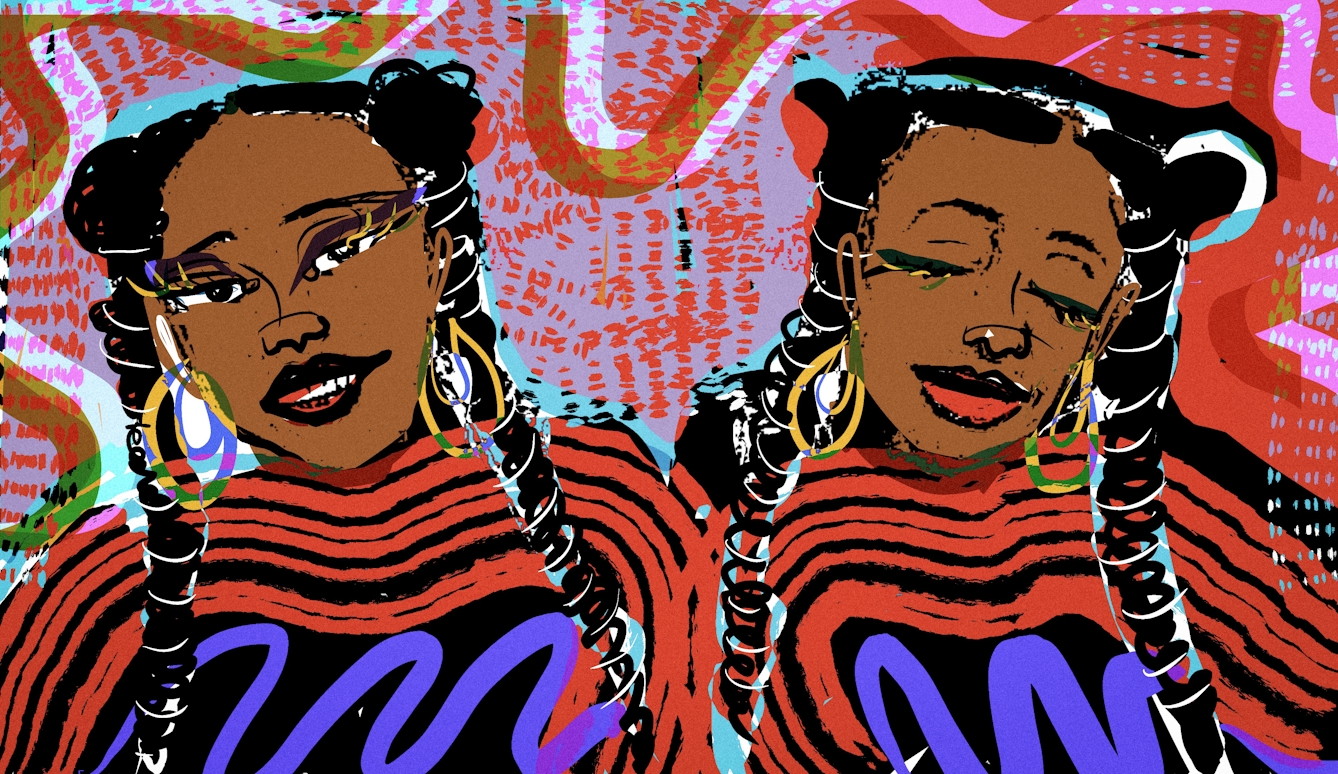Colourful artwork showing two images of the same woman side by side. The image on the left shows the woman smiling with her eyes open. The image on the right shows her with her eyes closed, asleep. The woman has her dark hair in two braids and she is wearing colourful long earrings. The background to made up of bright textured lines in purple, red and green with some red spots overlaid.
