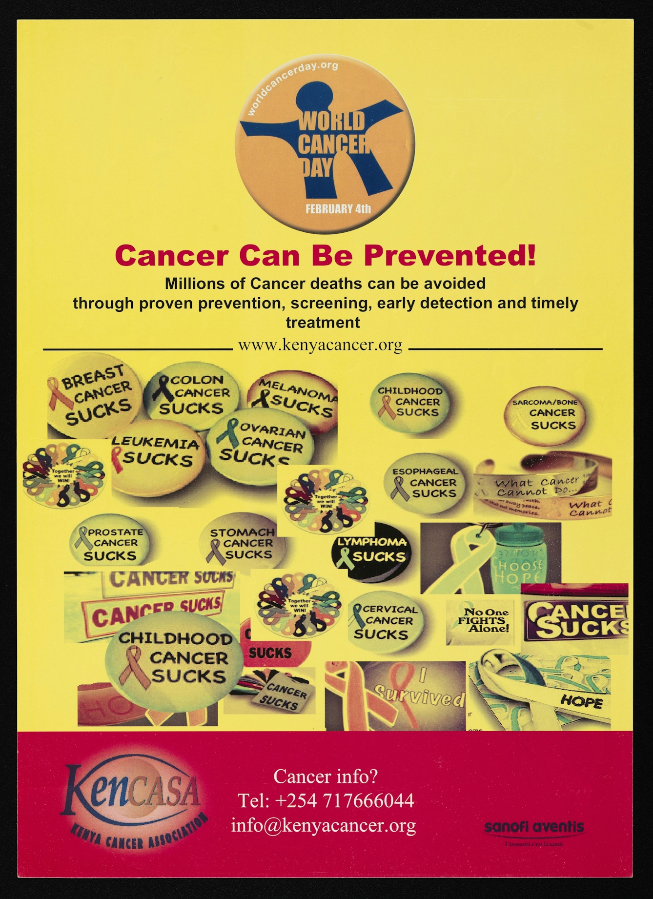 Cancer prevention advert with numerous badges bearing different types of cancer and the message 'sucks'