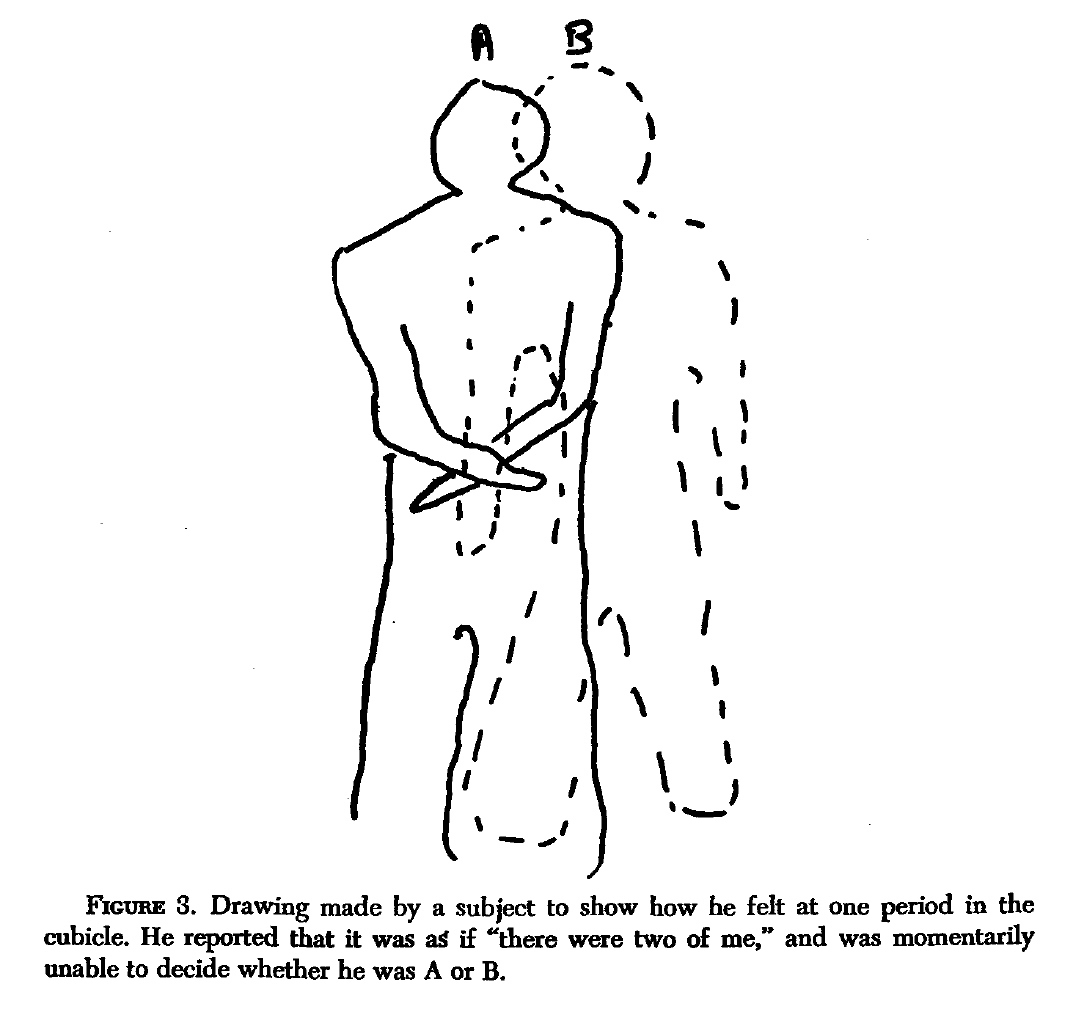 Schematic diagram showing two outlines of a human: one with a solid line and one with a dotted line.