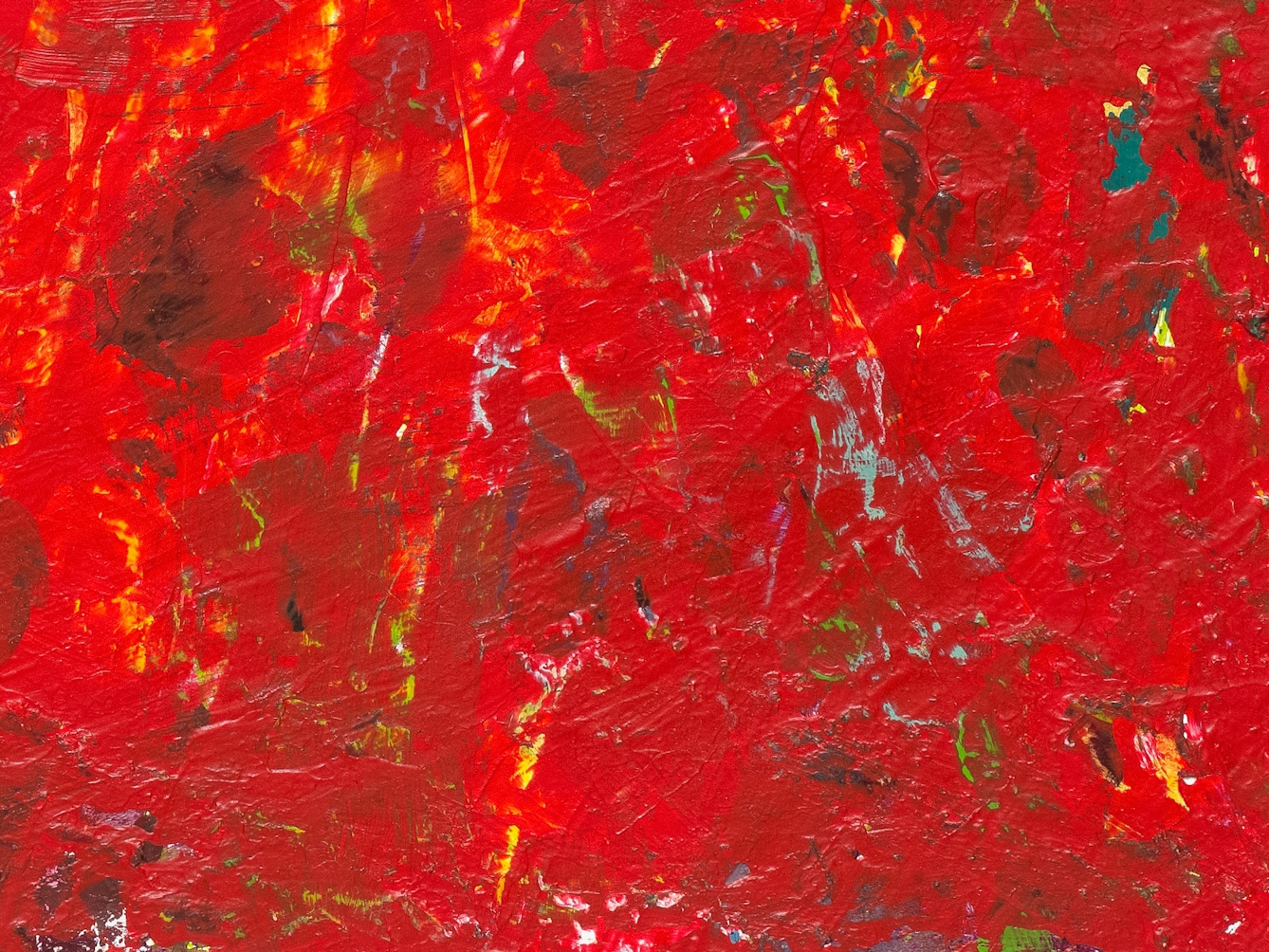 Photograph of close-up detail of a larger abstract expressionist painting  utilising acrylic paint on a rectangular canvas in landscape orientation, titled 'Boundaries'. The artwork explores themes of setting clear boundaries, giving consideration to our privacy, and potential oversharing.

A vast majority of the canvas surface contains harmonious marks and gestures of earthy tones - including yellow, green, teal, burgundy, brown, orange and white. It's akin to a dense, blooming meadow of various plants and flowers. To the right-side, an overlapping band of red sweeps across the focal layer and creates a very distinct barrier and contrast, in both colour and textural quality.