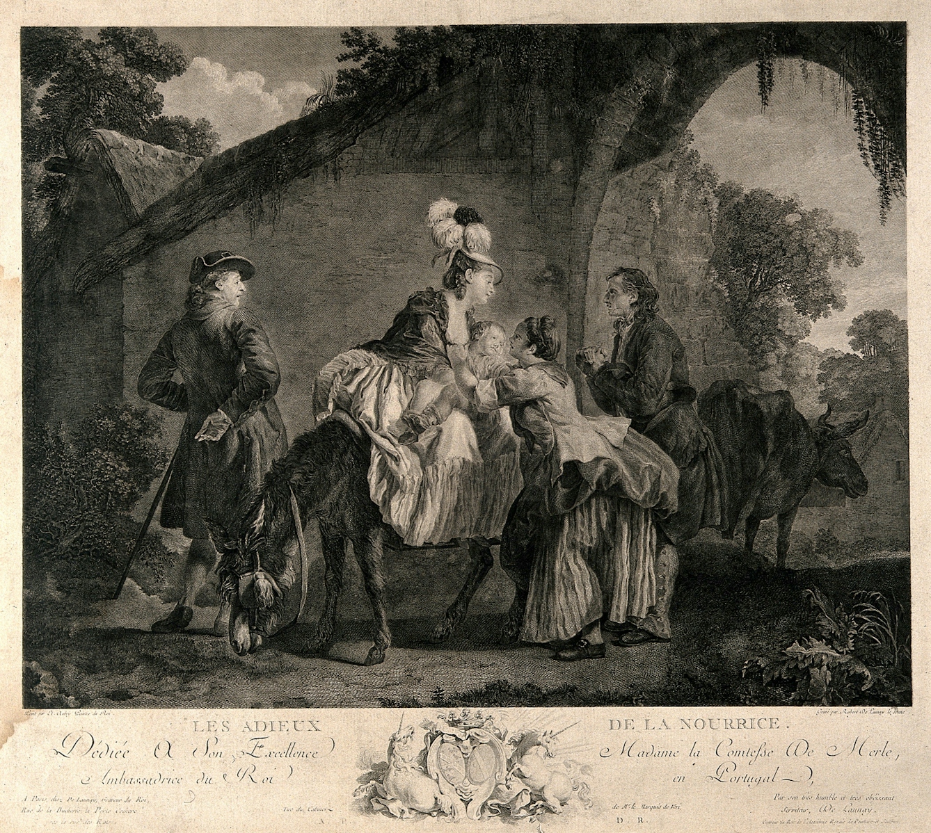Black and white etching showing a baby being given by a woman dressed in poorer clothes to one on a horse wearing expensive clothes and a feathered hat. 