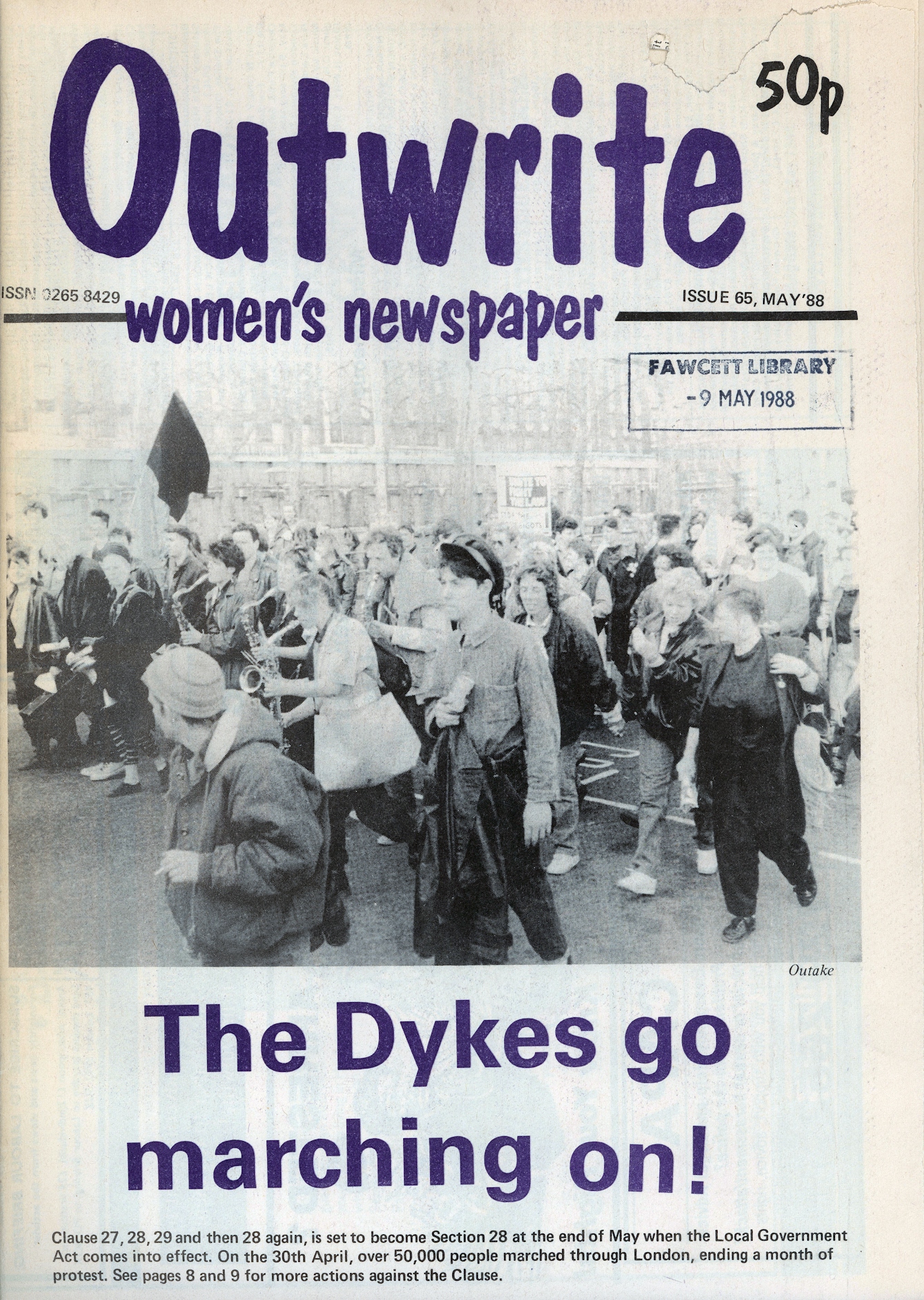 Cover of Outwrite Women's Newspaper, showing protesters with the title "The Dykes go marching on!"