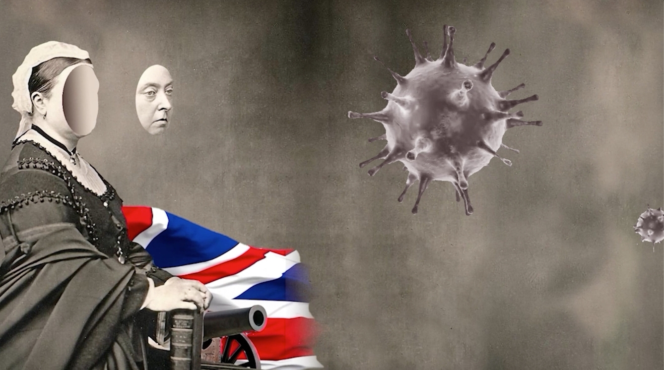 Static, still image from an animated video artwork. The still shows a black and white photograph of Queen Victoria on the left side of the frame. Her face has been digitally removed from her head and moved out to the right. The space in her head looks hollow. Her hands seem to be resting on a book and a carriage cannon. Behind her and the cannon is a colour Union Jack flag billowing in the breeze. The background is a mottled, grainy grey. A large and a small microscopic image of virus molecules float in the centre and to the right of the frame, as if approaching the queen and the cannon.