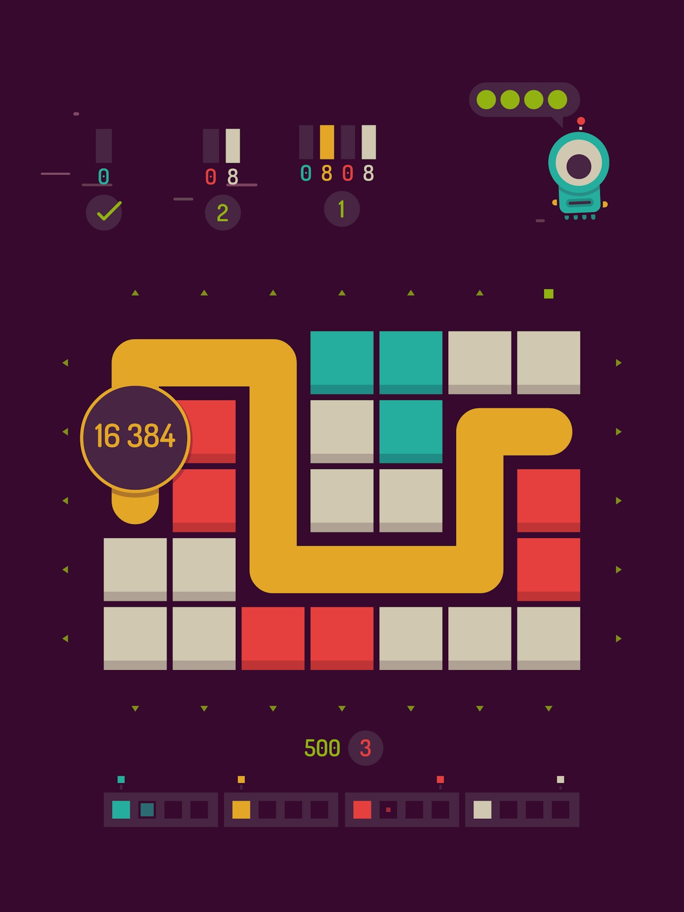 An image of smartphone  puzzle game, with brightly-coloured blocks and a yellow path between them. A one-eyed alien creature watches over from the top right of the screen.
