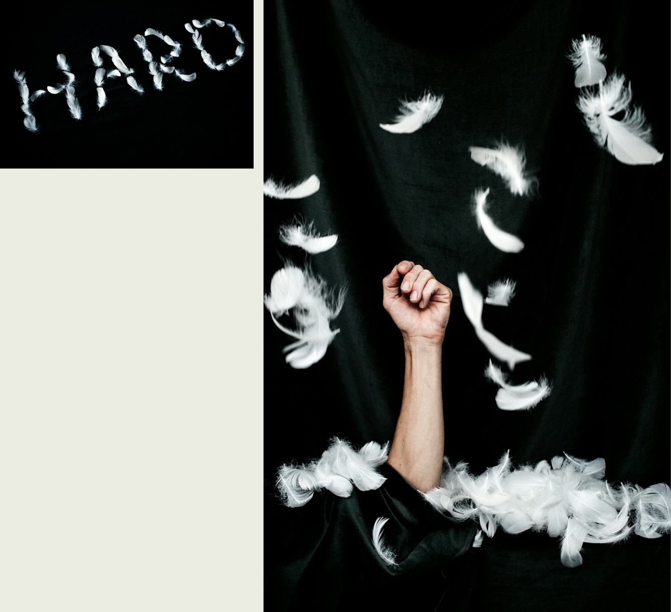 Photographic diptych, one large vertical image on the right and one smaller horizontal image on the left. The one on the right shows an arm and hand emerging vertically through a black velvet background, the fingers lightly curled. Around the arm, collected on the flat surface and floating down in the air are white feathers. The image on the left shows the word 'HARD' spelt out with white feathers, resting on a black background.