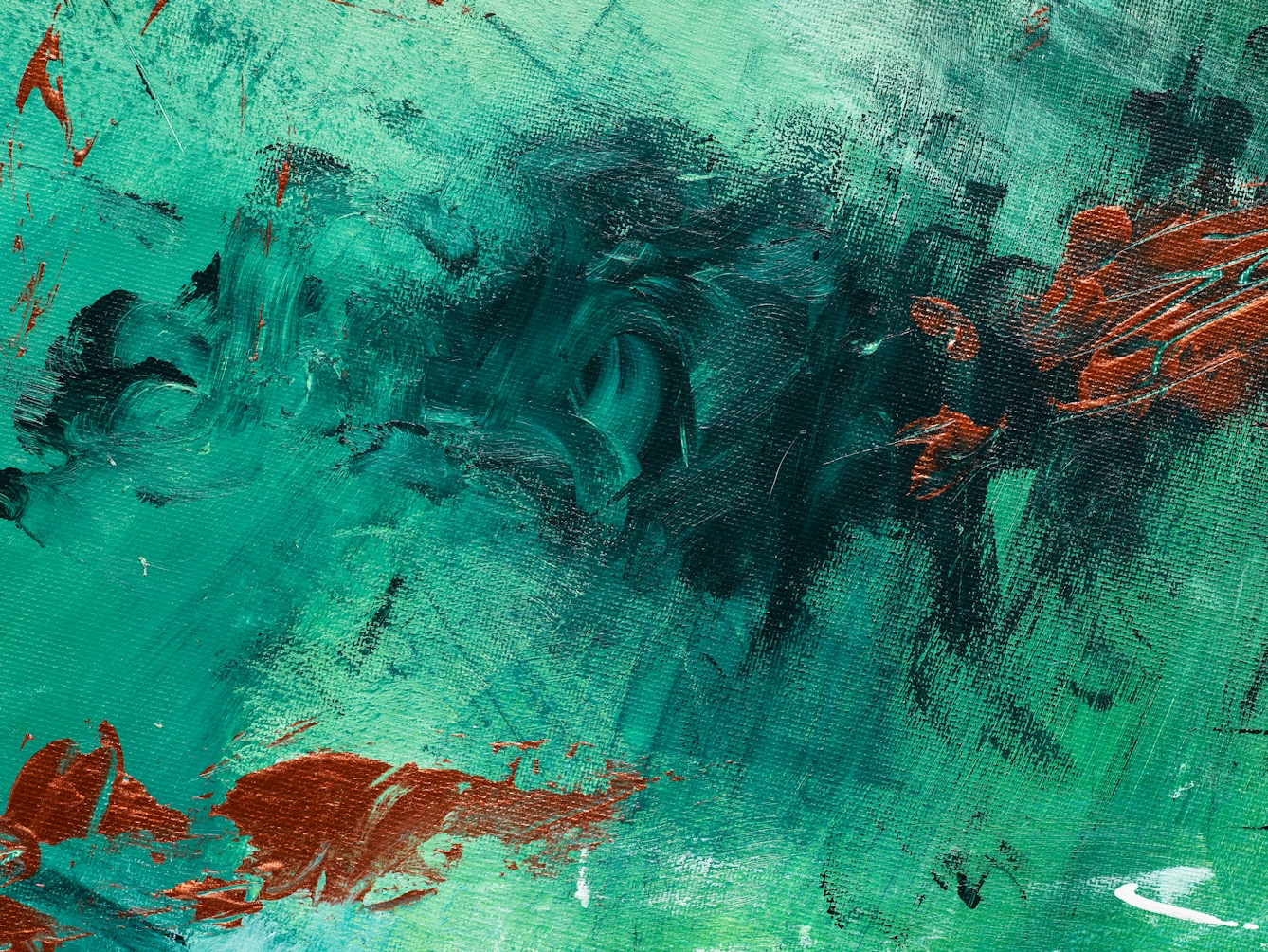 Photograph of close-up detail of a larger abstract expressionist painting utilising acrylic paint on a circular canvas, titled 'Value'. This detail concentrates on the streak of bright metallic copper paint and the dark cloud like appearance.