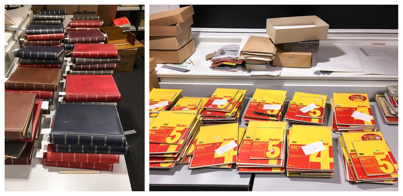 Photographic diptych. The image on the left shows several stacks of leatherette bound photo albums, with blue, brown and red covers. They are all laid out on a long office desk. The image on the right shows several stacks of artists spiral bound sketchbooks, also laid out on an office desk. Their covers are red and yellow. In the background are archive boxes and other assorted papers.