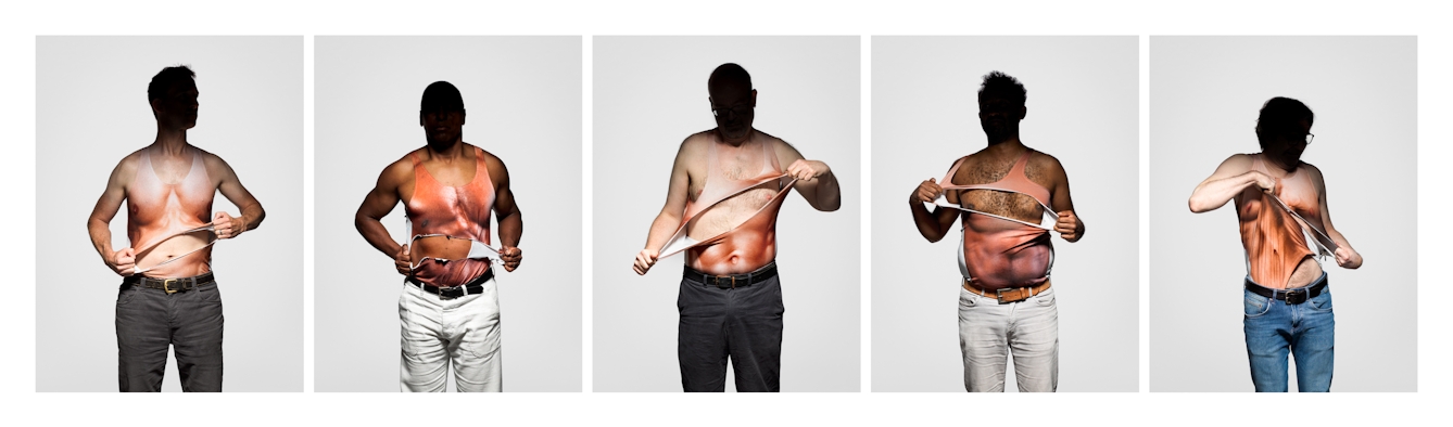 Photograph of five photographs in a horizontal line, each one shows a man from the thigh up wearing a vest which has a very muscly male torso printed on it. Each man is ripping the vest open to reveal his own torso beneath. Each man's face is hidden in shadow.