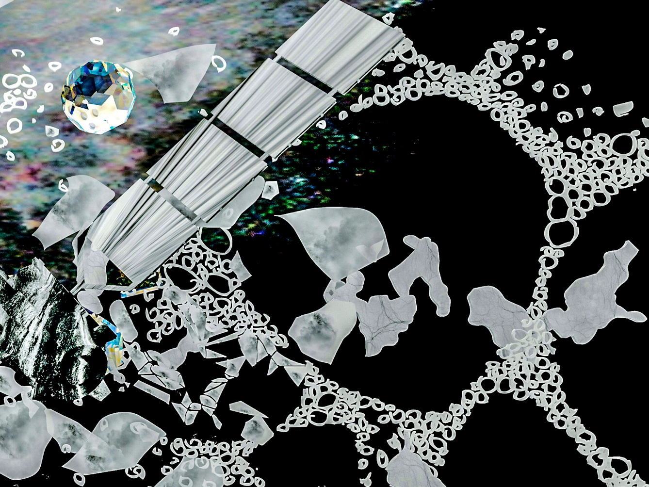 Mixed media artwork depicting a detail from a larger diorama. The scene is rich in details showing a fragmented abstract orbiting satellite, solar panel wings outstretched. Surrounding the satellite are lots of angular floating shapes resembling a field of debris.