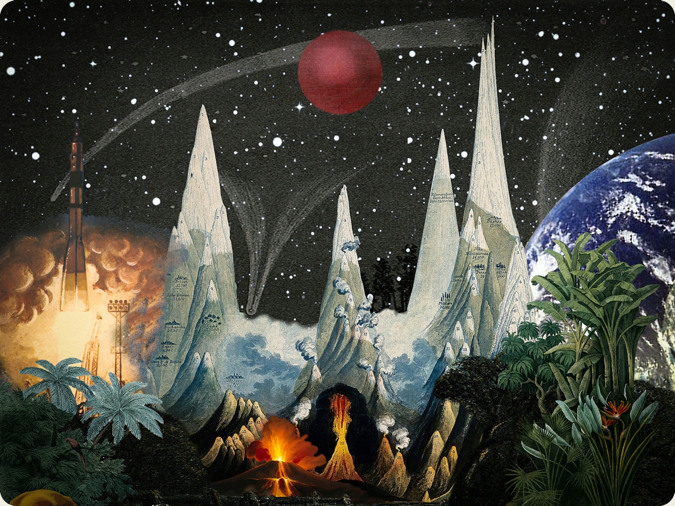 Artwork using collage. The collaged elements are made up of archive material which includes vintage and contemporary photographs, etchings, painted illustrations, lithographic prints and line drawings. This artwork depicts a scene with elements of outer space. In the background is a dark starry sky with a small red planet and a large blue and green planet Earth rising over horizon. In the middle distance on the left hand side are tall thin volcanic like mountain peaks, some of which are erupting. A space rocket is taking off, with jets of fire and smoke. To the right is green foliage 