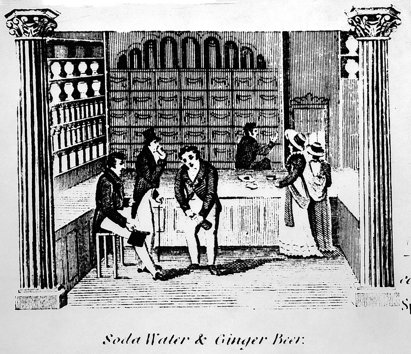 The inside of a pharmacists shop selling soda water and ginger beer. three male customers appear to be drinking whilst two women stand at the counter and a pharmacist in the background reaches for a drawer.