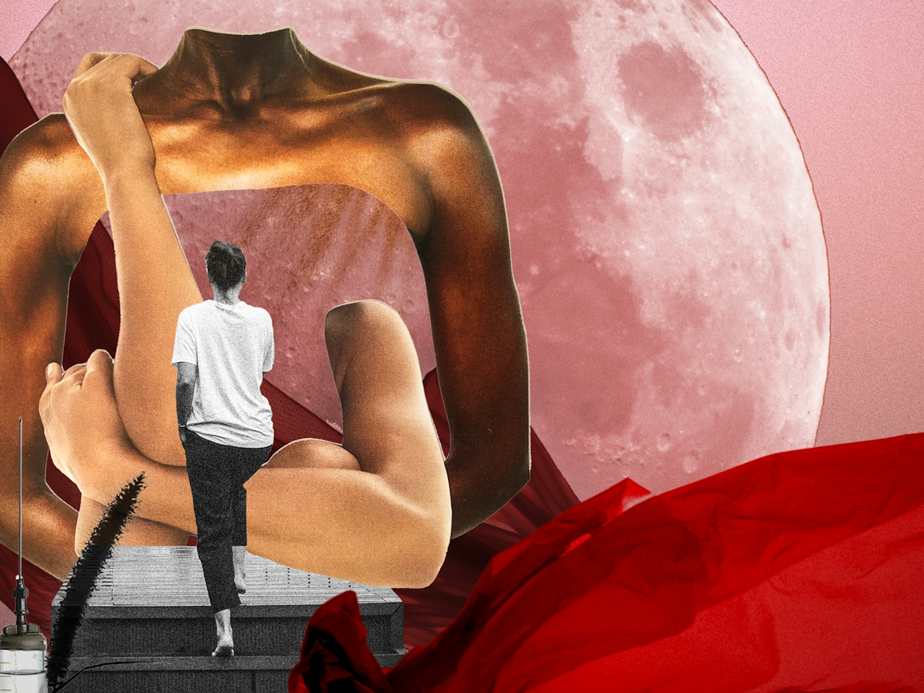 Detail from a larger digital collage artwork made up of pink, red and black and white hues. At the centre is a large image of the moon. Overlaid on top are sheets of red fabric billowing and flowing as if in the wind. In the centre is a staircase rising up. At the top is the back of a woman who has just reach the top. In front of her are fragments of two large female torsos which are transparent and through which the moon behind can be seen.