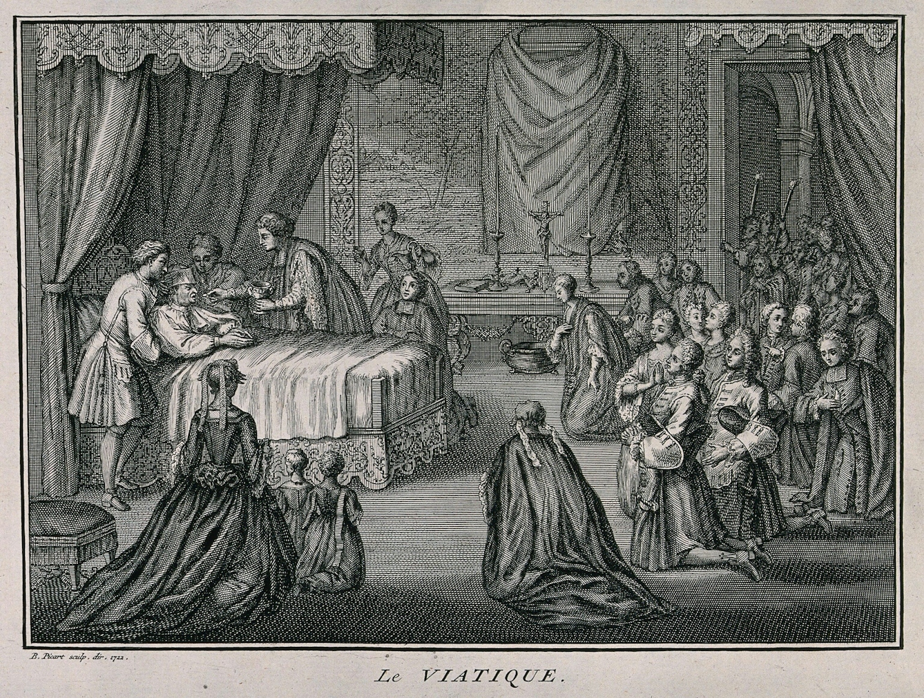 Black ink engraving showing a priest administering the Eucharist to a dying man who lays in a bed surrounded by people kneeling, crossing themselves and praying.