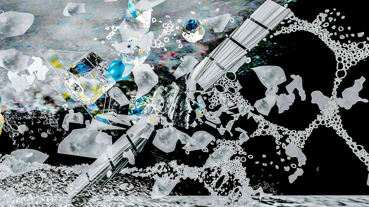 Mixed media artwork depicting a detail from a larger diorama. The scene is rich in details showing a fragmented abstract orbiting satellite, solar panel wings outstretched. Surrounding the satellite are lots of angular floating shapes resembling a field of debris.