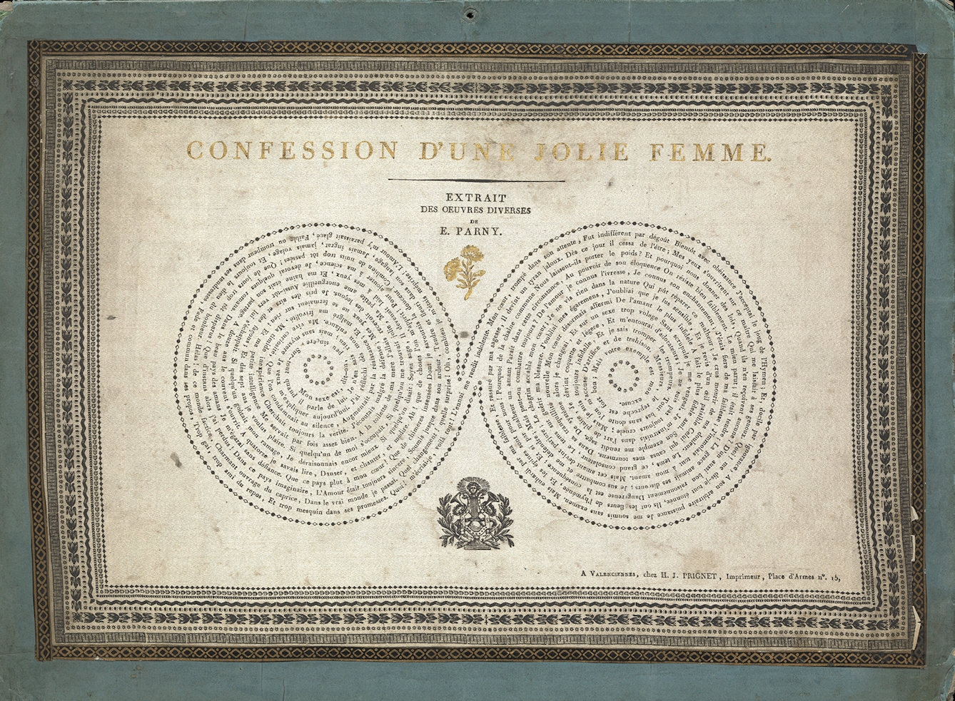 A silk handkerchief printed in black and gold  with words in the form of breasts.