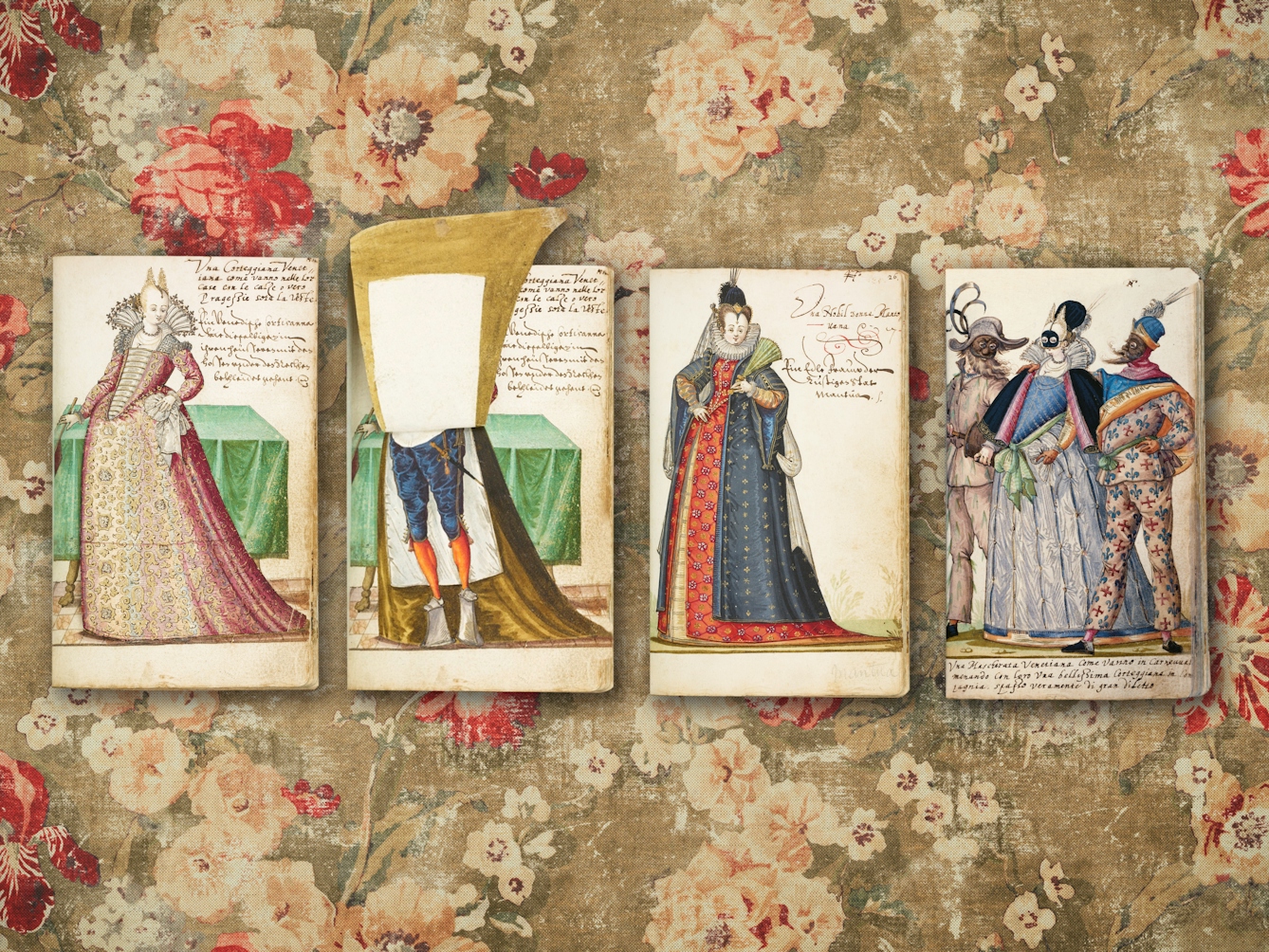 Digital composite image showing a floral renaissance worn fabric background. Resting on top of the background are 4 small hand drawn and coloured picture. Each one shows a full length portrait of a woman. Each woman is wearing different clothes and hats from the 16th century. In the image second from the left a flap on the print has been raised to reveal the woman's undergarments and chopin shoes.