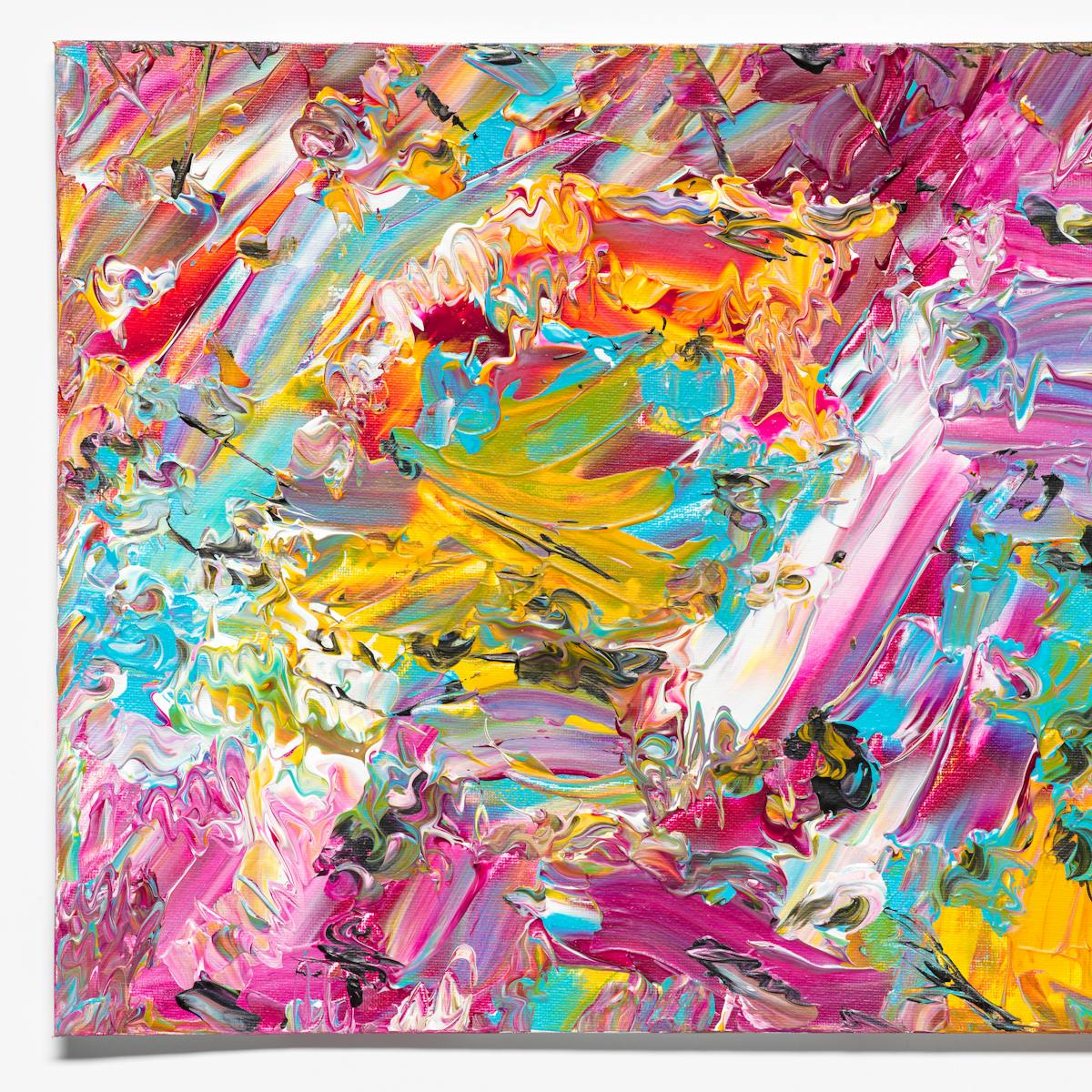 Photograph of an abstract expressionist painting  utilising acrylic paint on a rectangular canvas in landscape orientation, titled 'Obstacles'. The artwork explores themes of finding streets cluttered with obstacles as a visually impaired person.

A vast majority of the canvas surface contains many scattered, complex and confusing marks and gestures of vibrant and colourful tones - including yellow, pink, orange, turquoise, white. It's akin to a frenetic and overwhelming scene of repeated surprises and shocks.