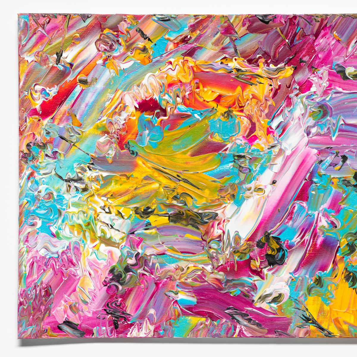 Photograph of an abstract expressionist painting utilising acrylic paint on a rectangular canvas in landscape orientation, titled 'Obstacles'. The artwork explores themes of finding streets cluttered with obstacles as a visually impaired person.
A vast majority of the canvas surface contains many scattered, complex and confusing marks and gestures of vibrant and colourful tones - including yellow, pink, orange, turquoise, white. It's akin to a frenetic and overwhelming scene of repeated surprises and shocks.