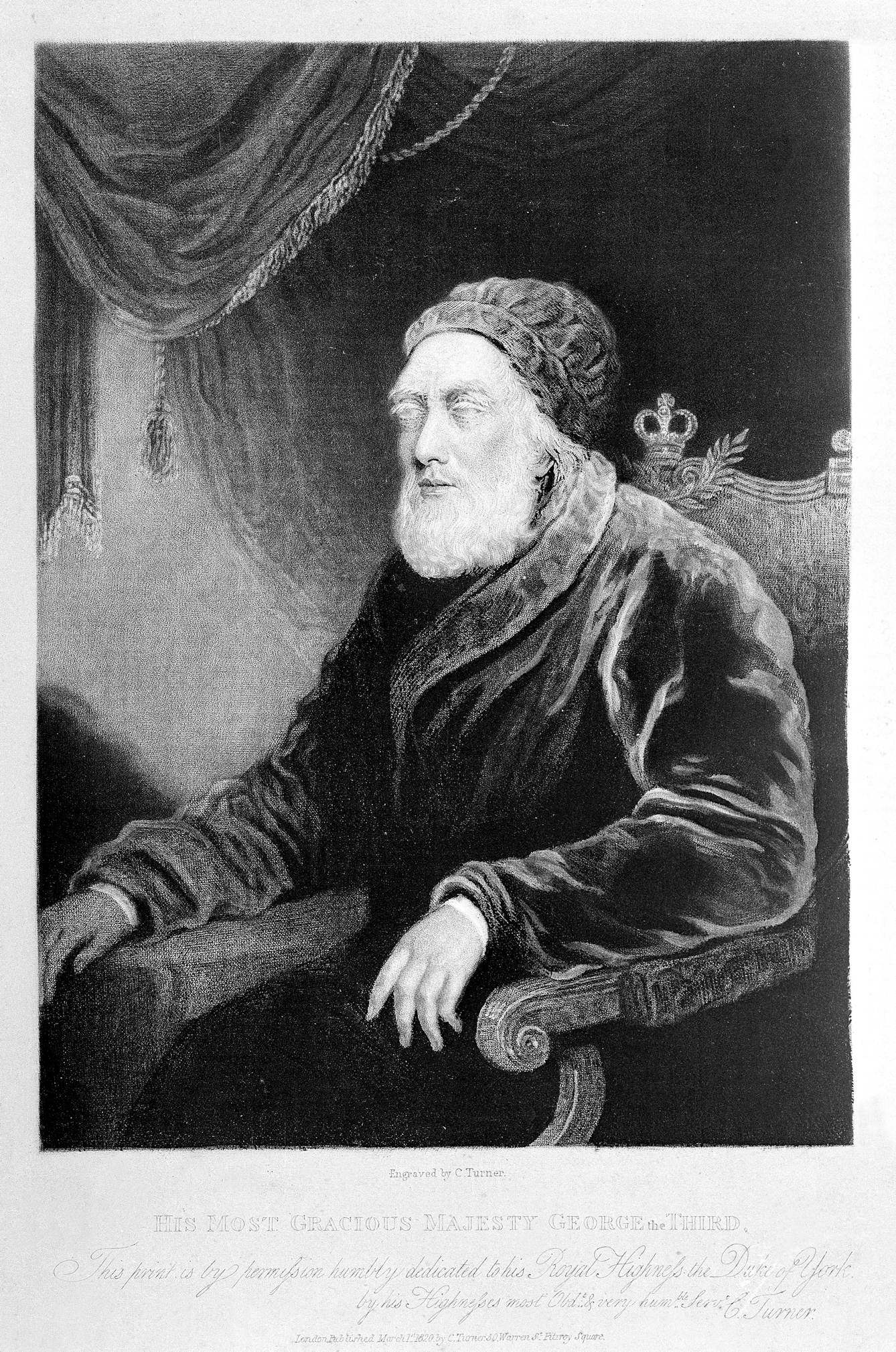Black and white engraving of an old man with cataracts glazing his eyes and white beard.