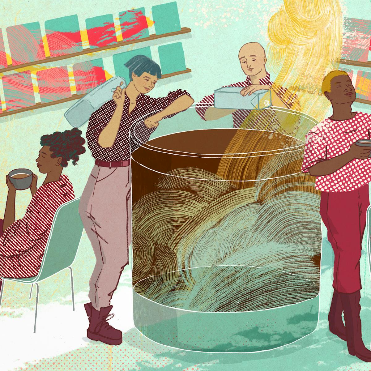 A digital illustration of people in a café, gathered around a large cup of coffee. The two central figures are pouring cartons of oat milk into the coffee, while others are relaxing by themselves or are in conversation with other patrons. There are large swirls of steam coming from the coffee, behind which there are shelves of books and artworks, there is alsoa stream of oatmilk on the floor.