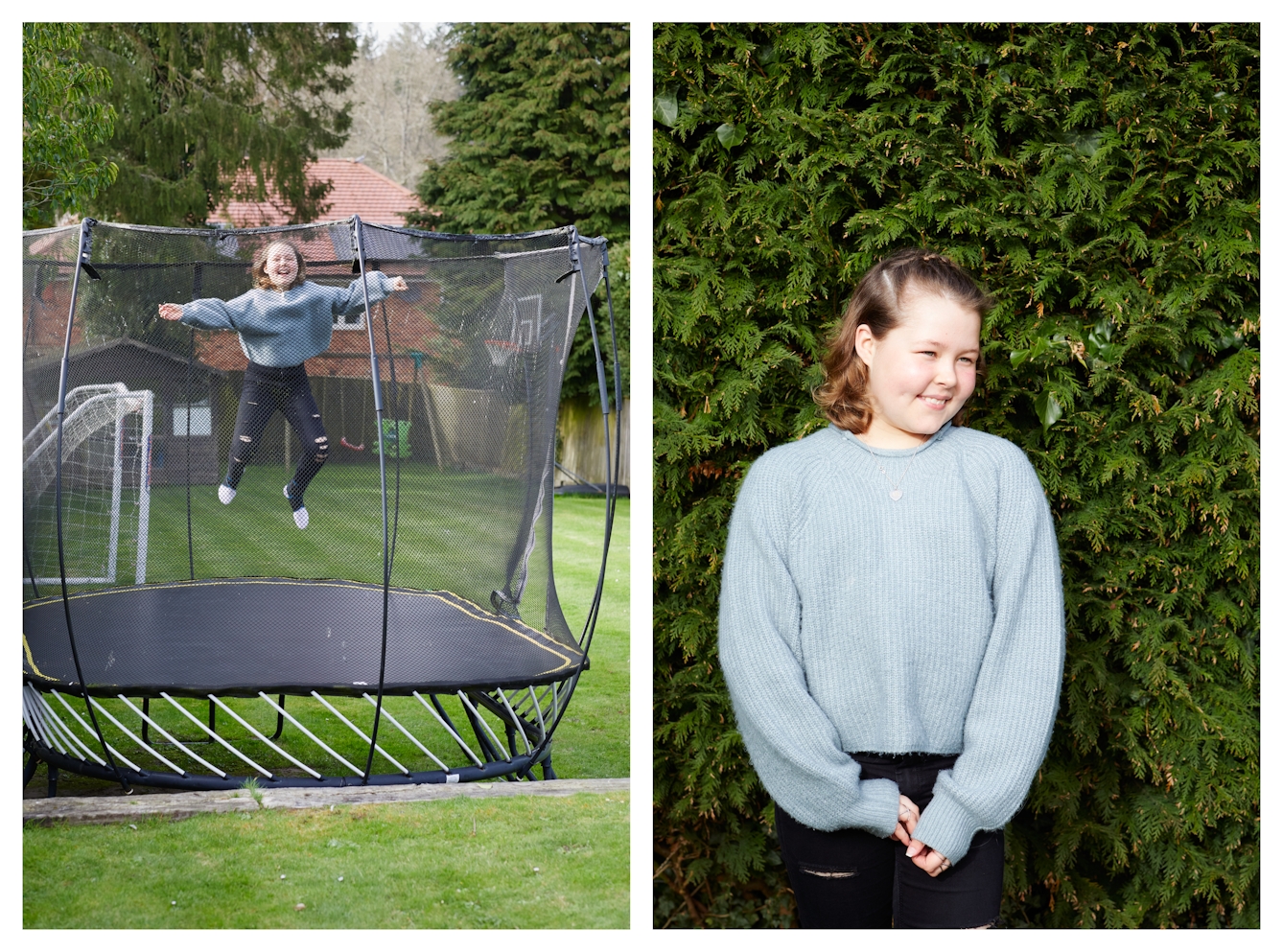 Photographic diptych. The image on the left shows a garden scene with a large trampoline surrounded by grass and trees. On the trampoline is a young girl who has been photographed mid jump, high in the air. She has a broad smile on her face. The image on the right shows the same young girl stood in front of the green foliage of a fir tree, from the waist up. She is smiling and look off to camera right, her fingertips loosely clasps together across the front of her body.