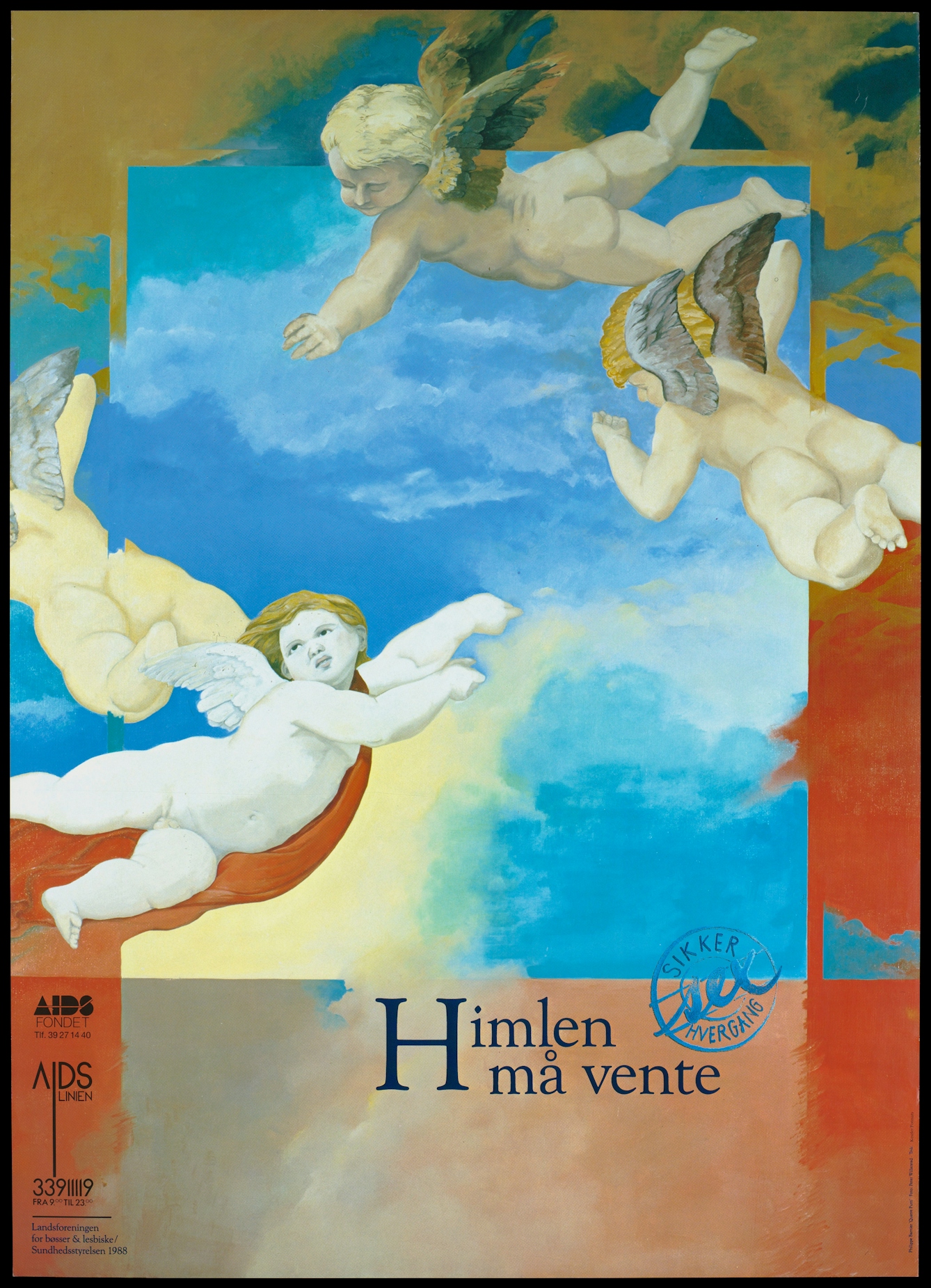 Illustration showing four winged figures floating against a blue sky above lettering saying "Himlen må vente" (translates as "Heaven must wait"). 