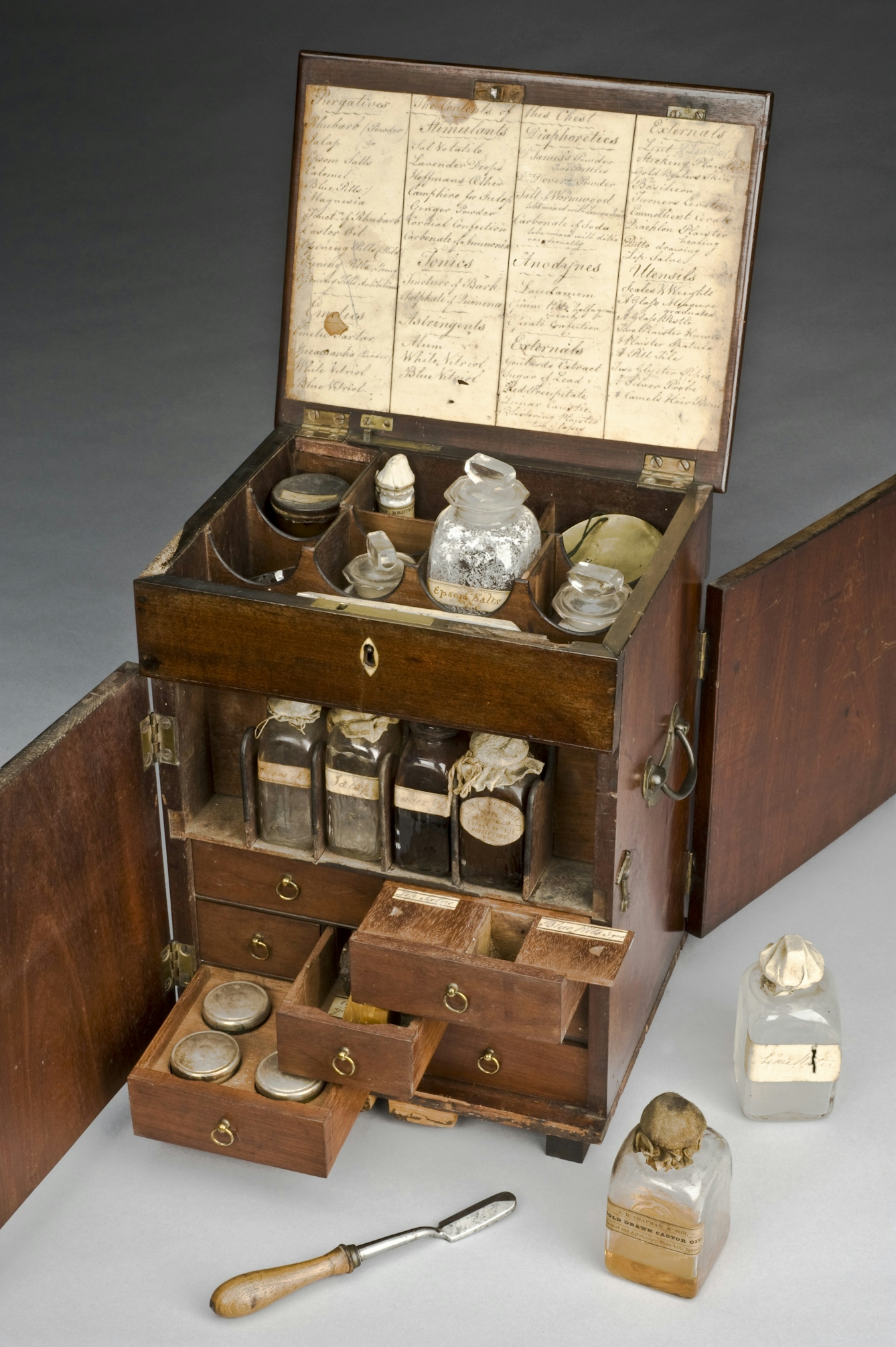 19th century mahogany medicine chest including bottles. One of these is labelled ginger.