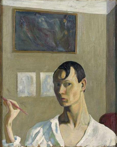 Painted self-portrait from the 1920s of artist Peet Aren in a white shirt. 