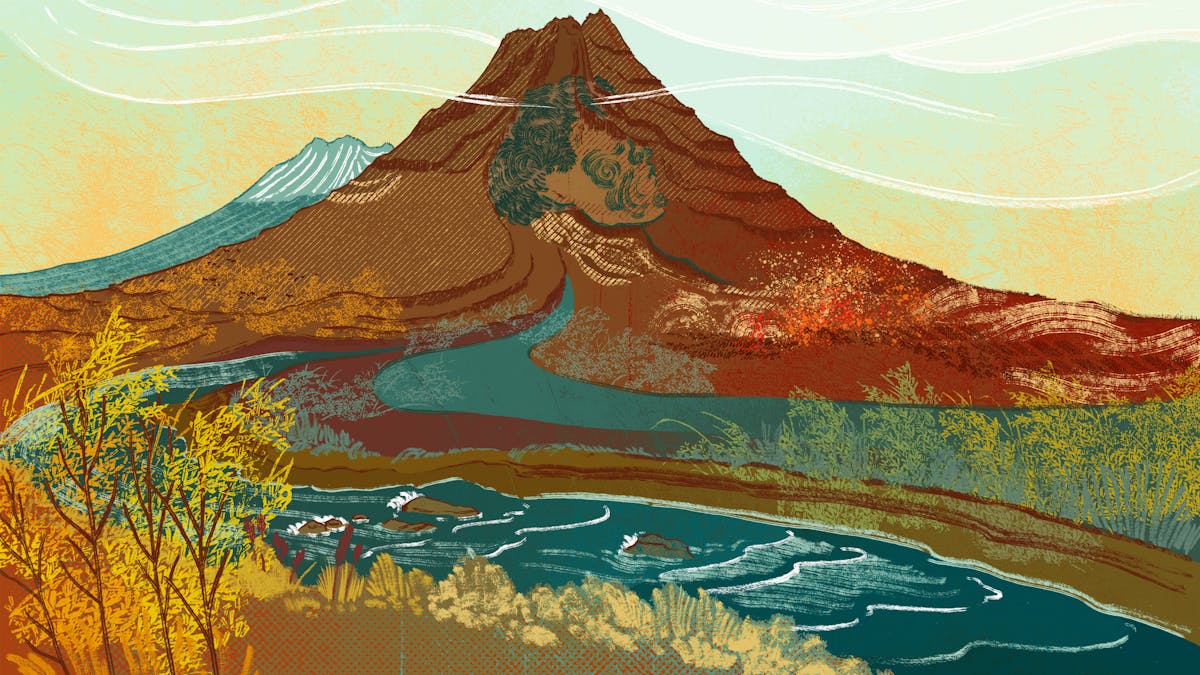 A digital illustration of landscape scene, the main feature of which is a large mountain and a flowing river. On the side of the  mountain there is a depiction of a mans head in profile looking off the land, the man has the traditional face decoration of native New Zealand culture. At the base of the mountain to the right there are armies fighting, and the start of the river which sweeps across the scene down to the foreground.