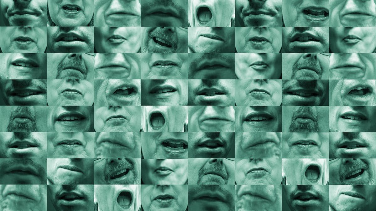 Photographic mosaic made up of a grid of images, numbering 8 across and 8 down. Each image is of a closeup of different mouth, in the process of speaking, frozen in a variety of shapes different shapes. Some mouths appear more than once across the grid.The images are monotone with a light green tint over all of them.