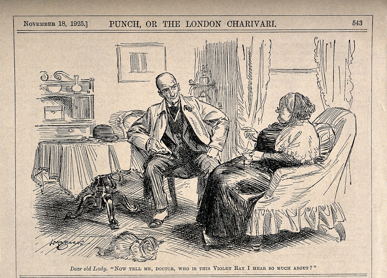 Black and white line drawing showing an old woman in an armchair with glasses perched on the end of her nose and a man sitting on a wooden chair beside her, arm leaning on the table. Caption below reads "Dear old Lady. 'Now tell me, Doctor, who is this Violet Ray I hear so much about?'"