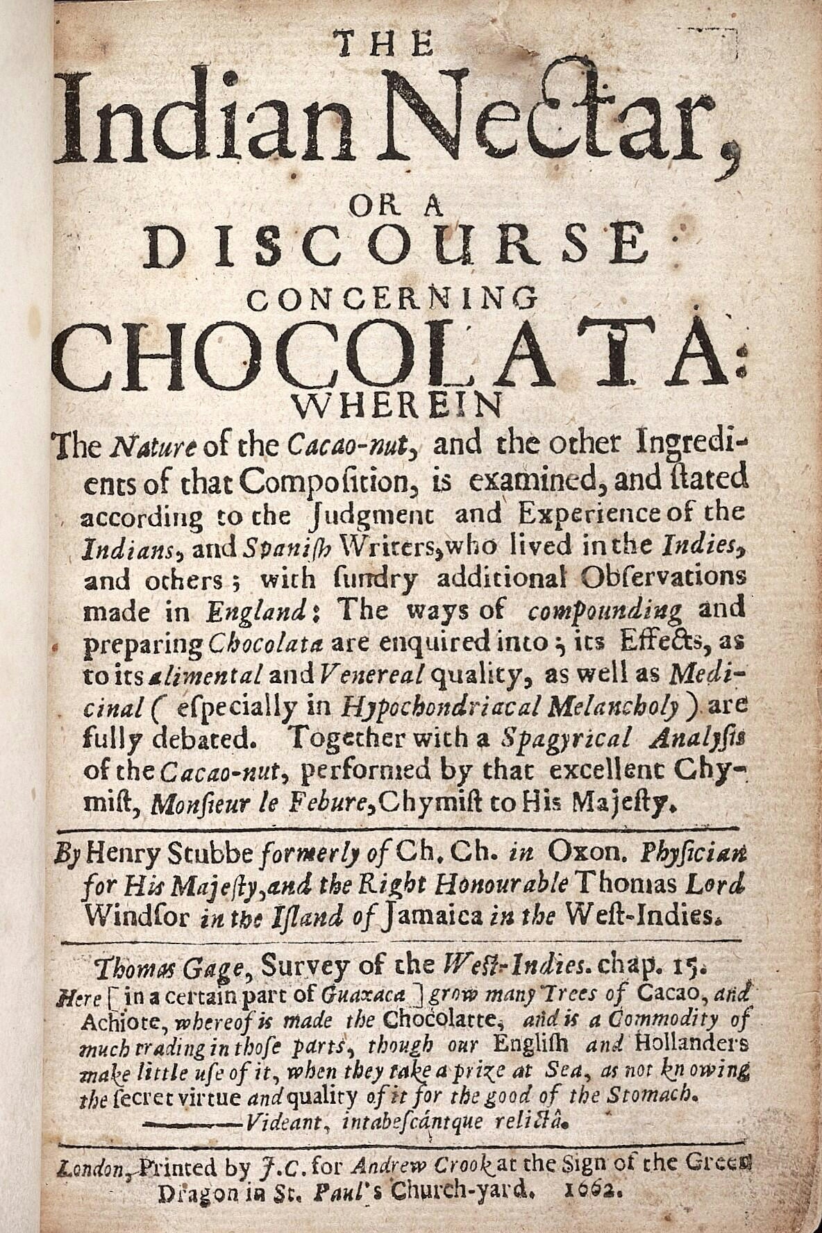 Title page of 'The Indian Nectar, or, A discourse concerning Chocolata' by Henry Stubbe.