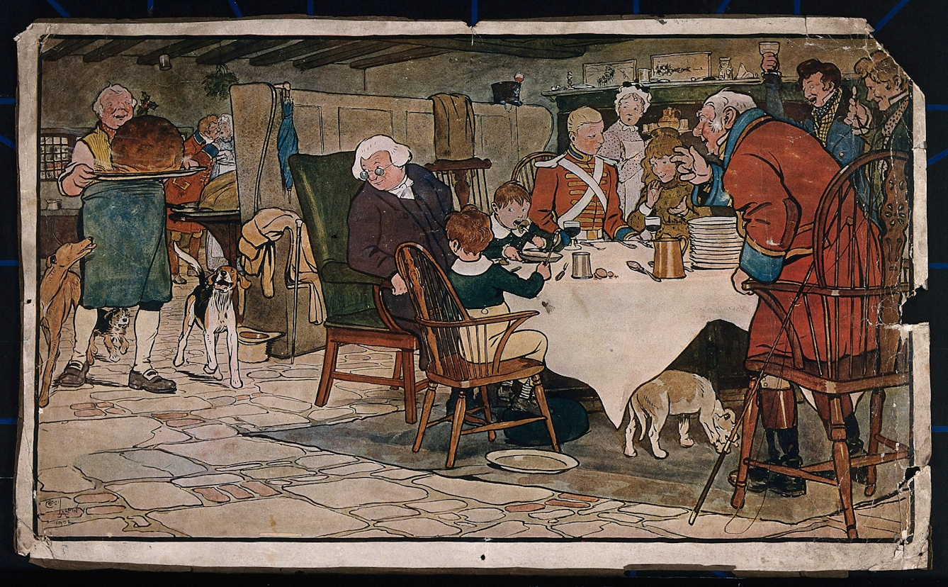 Colour print show inga family sitting around a table eating dinner, all looking cheerful. They are turned towards a cook who is entering the room carrying a large plum pudding with a sprig of holly on top. There are several dogs looking up at the pudding. 