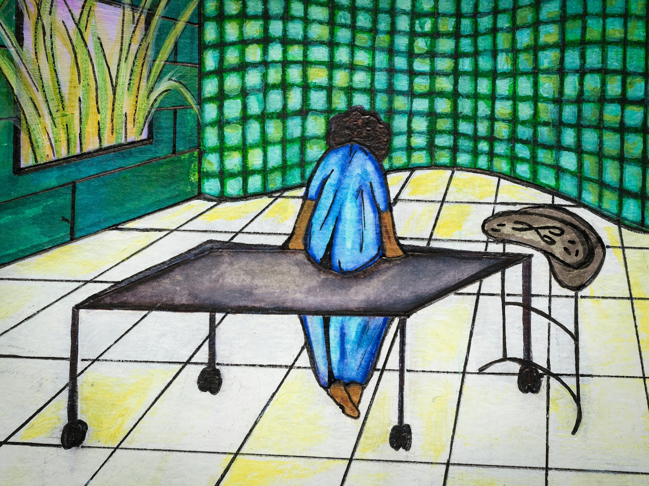 Detail from larger artwork made with paint and ink on textured watercolour paper. The artwork shows a Black woman in a blue hospital gown sat on a table in a hospital examination room, facing away from us. She is hunched forwards. Around her are is the decor of a hospital room, strip lighting, air conditioning vents and a small table with medical equipment laid out.