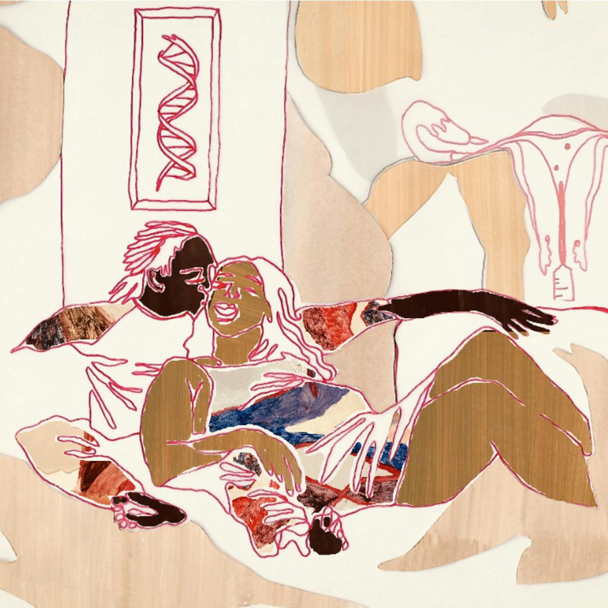 Digital artwork made up of collage elements, line drawing and textured patterns.The artwork depicts 2 women reclined in each others arms as if on a sofa. The woman behind is kissing the other woman on the cheek. Each woman has a different skin tone. Behind the reclining couple as if on the walls of the living room is a framed picture of the DNA helix and a diagram of the female reproductive organ with syringes as if in a fertility procedure. The tones of the artwork are creams, rusts, browns and reds.