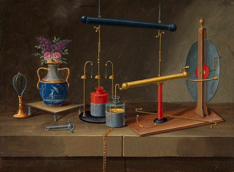 Colourful still life painting of electrical implements and a vase of flowers.