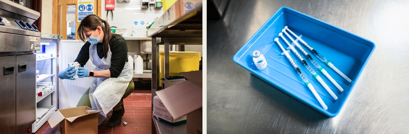 Photographic diptych. The image on the left shows the interior of an industrial kitchen. A woman wearing a face covering, blue latex gloves and a plastic apron is crouched in front of an open fridge. She is holding boxed medicine and is reading the labels. The image on the right shows a close-up of a blue plastic tray, resting on a stainless steel surface. Inside the tray are 4 syringes with needles and caps, loaded with a vaccine. To the left of the syringes is the vial of vaccine from which the syringes were loaded.