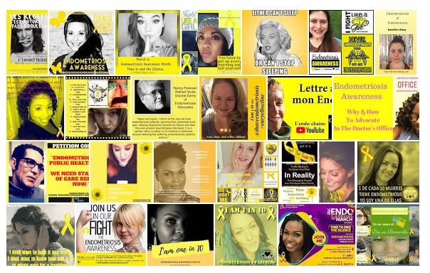 Series of images labelled endometriosis awareness with yellow labels and in some cases featuring faces of people.