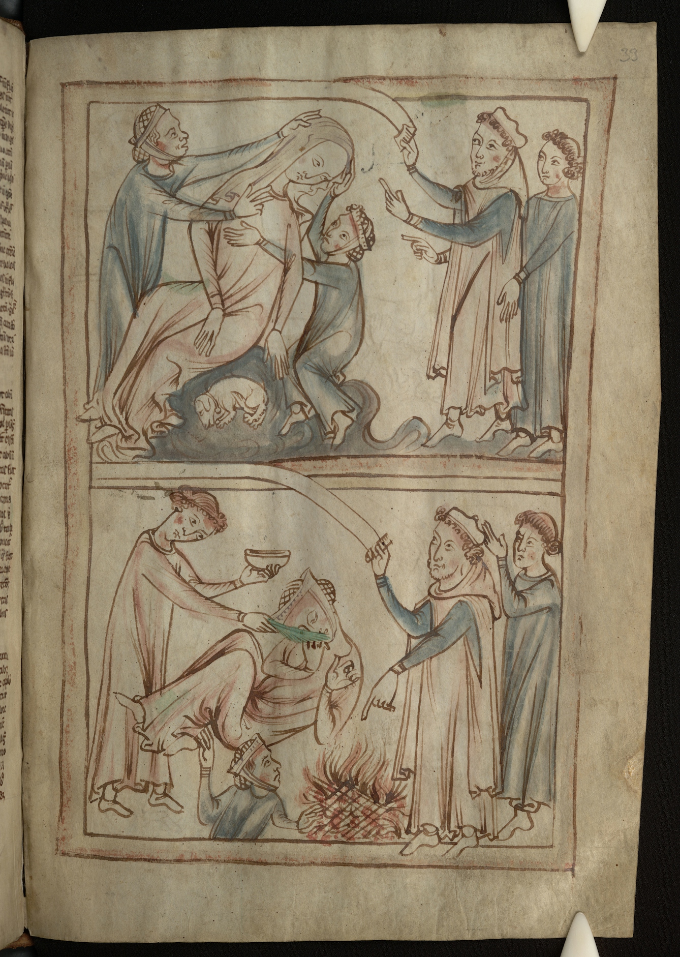 Medieval line drawing in two frames. The top frame shows a woman fainting and two people trying to catch her and support her down, as two others watch. In the second frame below, they appear to be trying to revive her with fire and by feeding her something from a bowl.