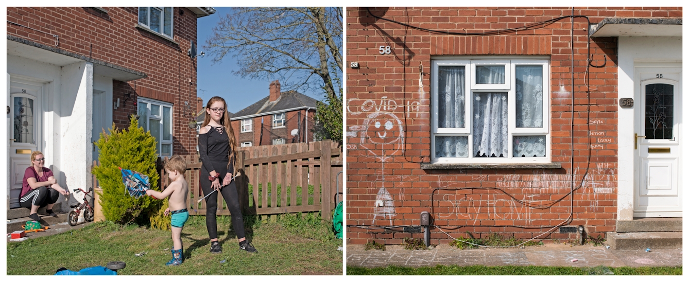 A photographic diptych. The image on the left shows a front garden and a red brick house with white PVC door and windows. It is a bright sunny day. Sitting on the steps of the front door is a young woman. Facing her is a young boy wearing shorts and wellies holding a collapsed umbrella. To the right of the boy a teenage girl dressed in black facing the camera and holding what appears to be a marching band baton.   The image on the right shows a section of the ground floor of a red brick house with a white PVC door and window with net curtains. On the brick wall surrounding the window there is a large chalk drawing of a stick person with Covid-19 written above it. Beneath the window is written ‘stay home’. 