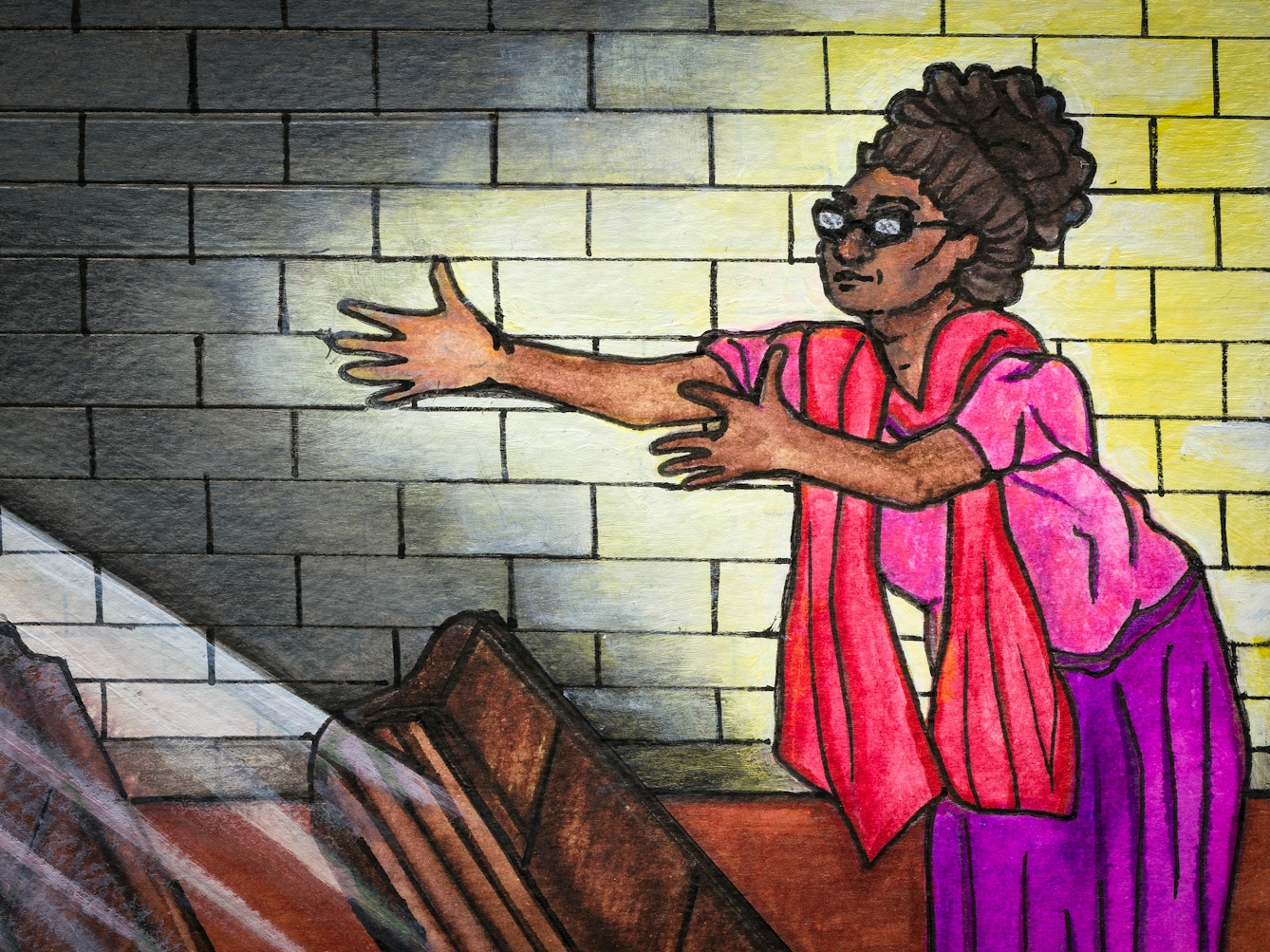 Detail from larger colourful artwork made with paint and ink on textured watercolour paper. The artwork shows a scene in a church with predominantly hues of greys, browns and purples. On the right side is a Black woman in a pink and purple outfit who leans forward, her arms and hands outstretched.