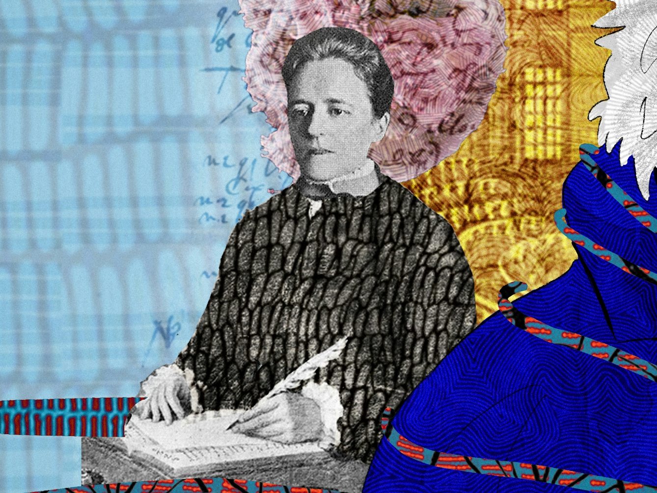 An abstract digital illustration featuring a head and shoulders portrait of a man in profile facing right, smoking a pipe, depicting the writer Jacques Derrida. To the left we see a female writing with a quill, depicting the diarist Alice James. In the background is a collage of handwritten notes and archive material depictions of a lecture theatre and x-rays.