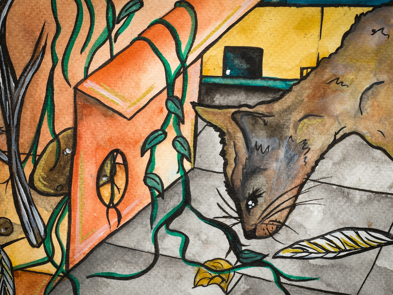 Detail from a larger colourful artwork. The artwork shows a flatpack box which is open on the front facing side, with several holes in it, on a tiled foor.  There are tree branches and vines growing up through the box and leaves covering the floor. A  brown cat's head can be seen on the right side of the frame, bending towards a vine.